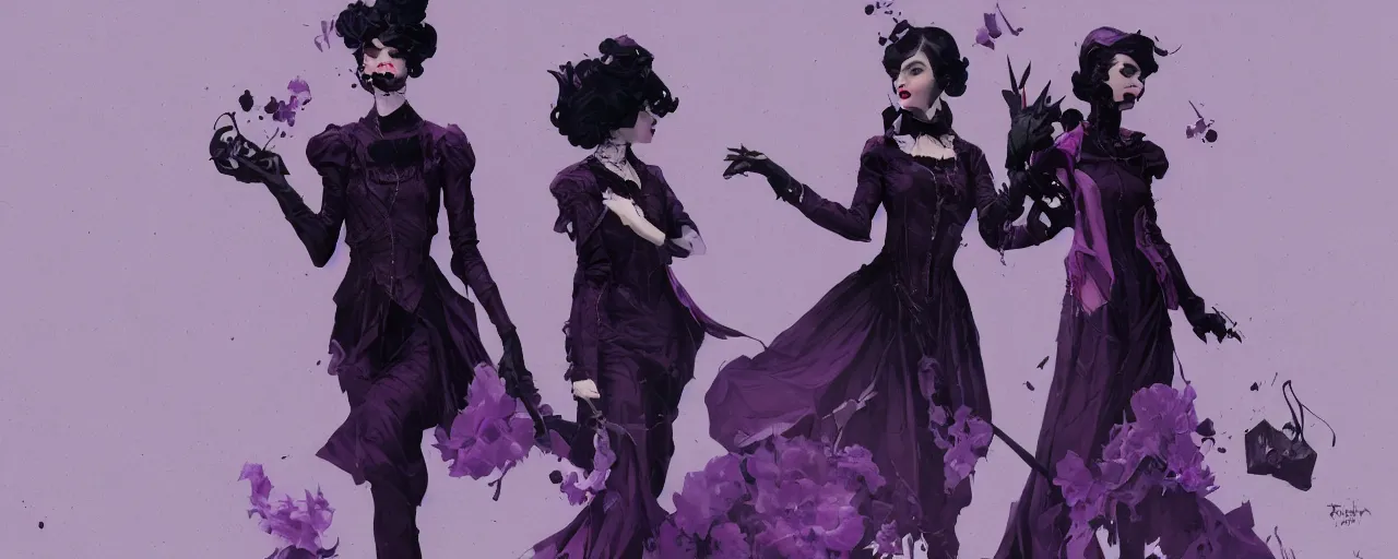 Prompt: duotone dark lilac background noir illustration 3 / 4 portrait of iris von everec black hair in black gothic victorian furneal clothes. eatheral dreamy atmosphere dynamic composition by sachin teng and sergey kolesov and ruan jia and heng z. graffiti art, scifi, fantasy, hyper detailed. octane render. concept art. trending on artstation
