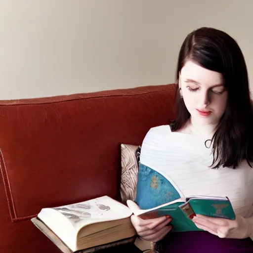 Prompt: Scottish woman with dark hair and pale skin reading a book