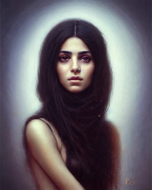 Image similar to a highly realistic, true to life portrait of a beautiful young middle eastern girl, soft focus, from the waist up, with sharp features, a beautiful face, soft smile, under studio lighting, taken with a canon eos camera with 1 3 5 mm focal length, art by karol bak, james jean, tom bagshaw, trending on artstation,