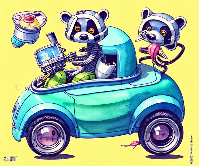 Image similar to cute and funny, racoon wearing a helmet riding in a tiny hot rod with oversized engine, ratfink style by ed roth, centered award winning watercolor pen illustration, isometric illustration by chihiro iwasaki, edited by range murata, tiny details by artgerm and beeple, symmetrically isometrically centered