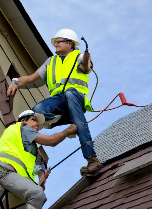 Image similar to Cat in a high-viz vest and hard hat, installing a wireless dish antenna on the roof of a house. f/22, 35mm, 2700K, lighting, perfect faces, award winning photography.