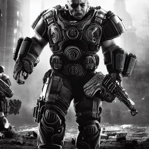 Image similar to george soros in gears of war, splash art, movie still, cinematic lighting, dramatic, octane render, long lens, shallow depth of field, bokeh, anamorphic lens flare, 8 k, hyper detailed, 3 5 mm film grain