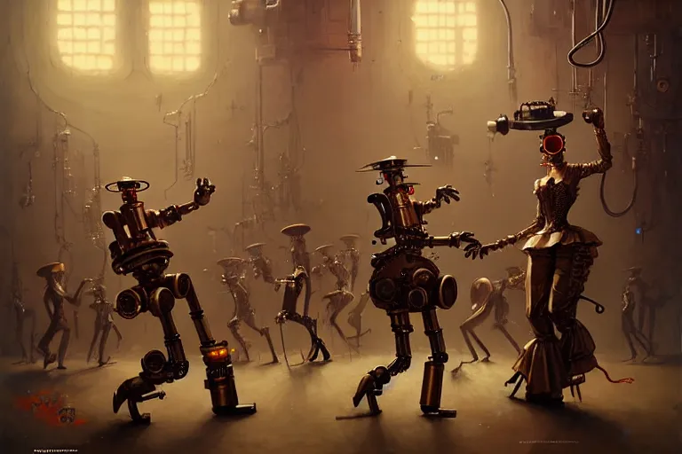 Prompt: steampunk robots dancing by otto dix and greg rutkowski and andreas rocha, cinematic lighting, highly detailed, 4 k