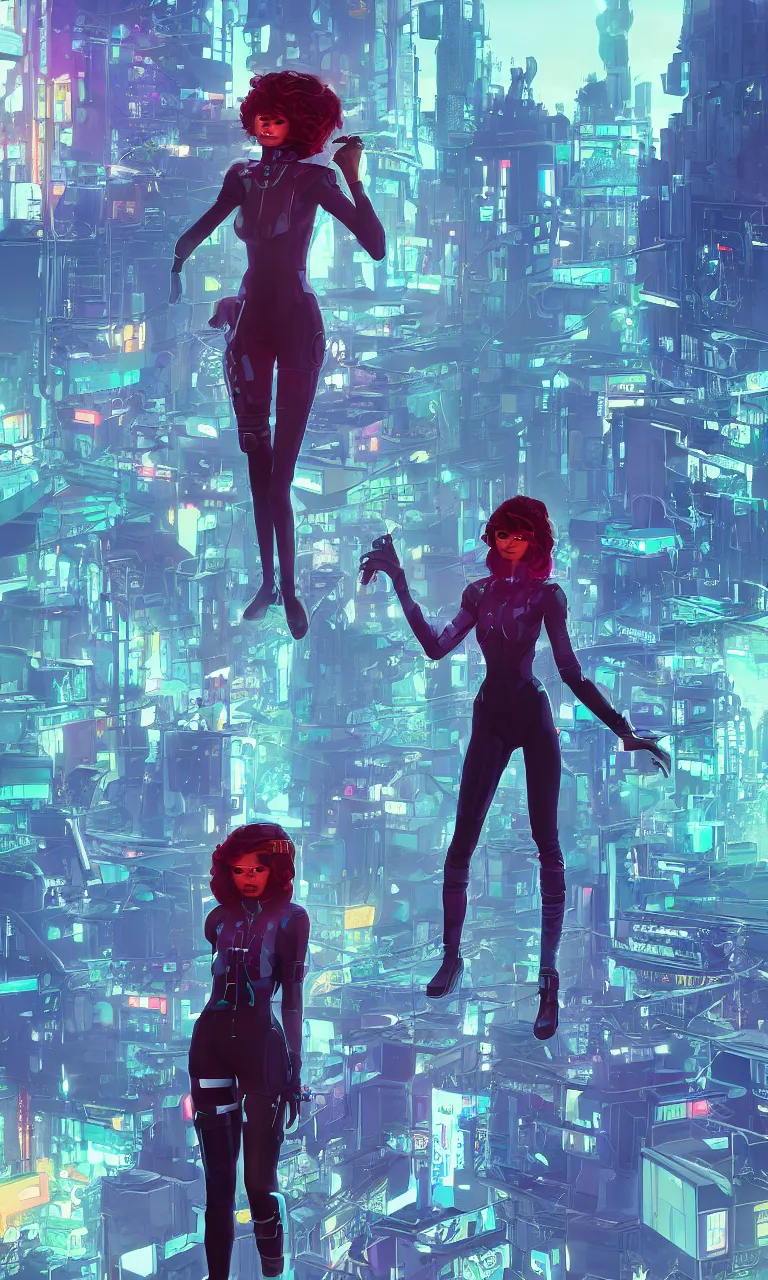 Image similar to zendaya as a cyberpunk hero standing on the rooftop of cybertown, art poster, full body, t - pose, character design, ambient lighting, 4 k, lois van baarle, ilya kuvshinov, rossdraws, alphonse mucha, jung gi kim, dylan kowalsk, artstation