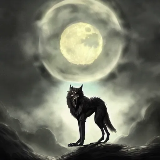 Prompt: Digital painting of a werewolf howling at the moon, atmospheric dramatic lighting and clouds, in the style of dark fantasy book cover art, trending on artstation