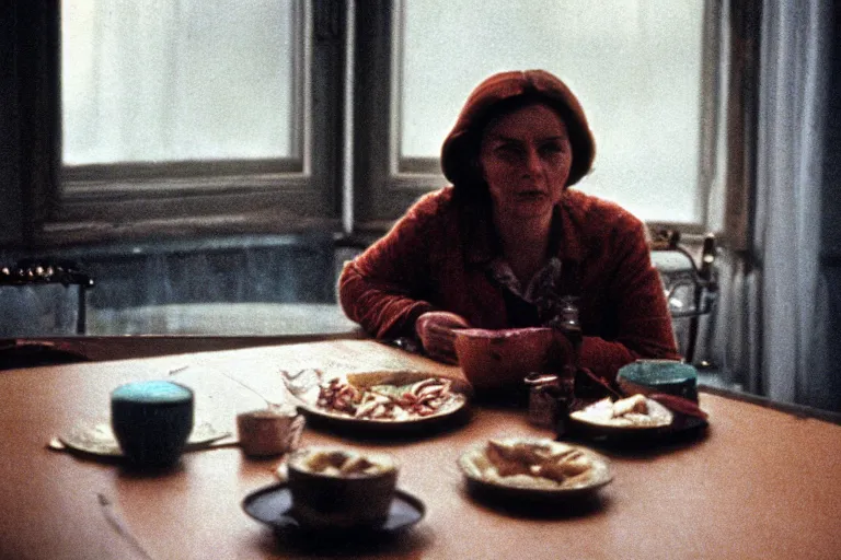 Image similar to soviet movie still a soviet woman sitting at a table next to the window with food, dark warm light, a character portrait by margarita terekhova, movie stalker solaris film still by andrei tarkovsky, 8 k, 1 9 8 4, close - up bokeh, gelios lens, color, noir