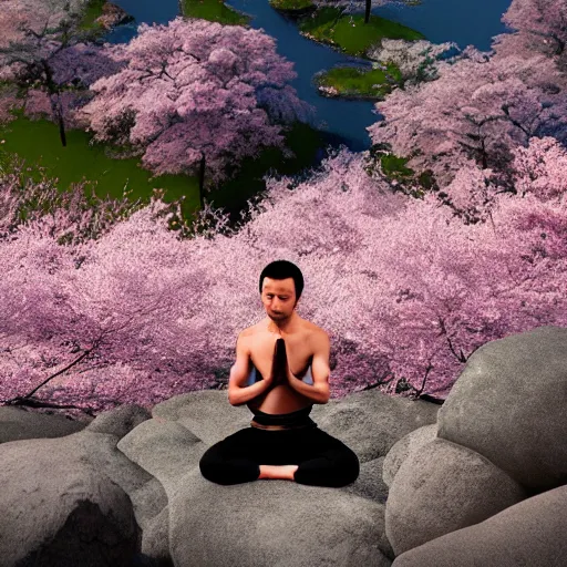 Image similar to a ninja meditating on top of a mountain filled with cherry blossoms, hyper realistic, 4 k, unreal engine 6 rendered,