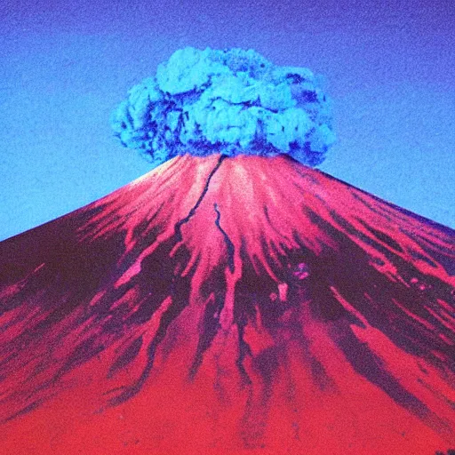 Image similar to mount fuji erupting blue lava, photo from distance, photorealistic