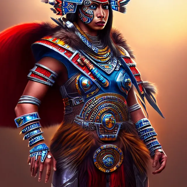 Prompt: futuristic aztec warrior, highly detailed, 4 k, hdr, smooth, sharp focus, high resolution, award - winning photo, artgerm, photorealistic