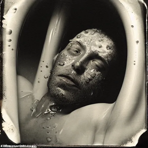 Image similar to A wet-collodion photograph of a man laying in a bath filled with milk, body submerged face peeking through