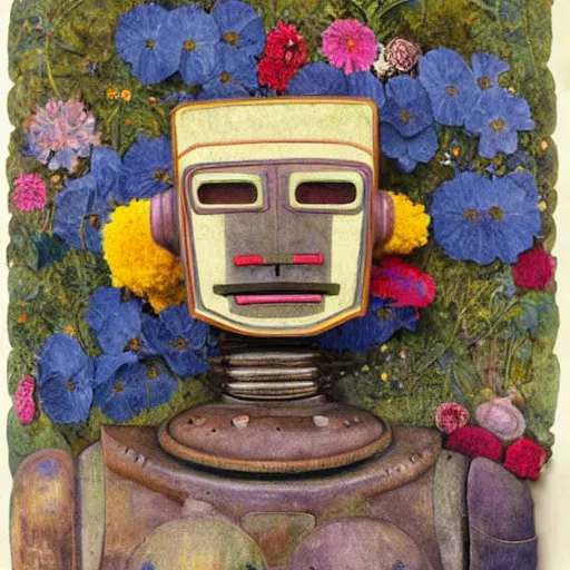 Prompt: a robot wearing a mask made of flowers, by annie swynnerton and diego rivera, symbolist, dramatic lighting, elaborate geometric ornament, art brut, soft cool colors, smooth, sharp focus, extremely detailed, adolf wolfli and dan munford