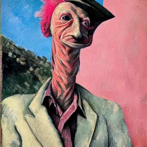 Image similar to shredded physique feathered tall neck beak Portrait of Samuel Beckett camouflaged as Flamingo whilst wearing a pink tuxedo Standing atop a Garbage Truck Greg Rutkowski Eric Ravilious Paul Cezanne Andrew Wyeth Jamie Wyeth