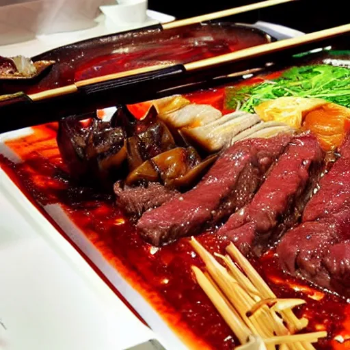 Image similar to high - end hot pot restaurant serving chinese dragon meat