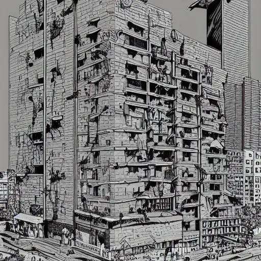 Prompt: brutalist polish neighborhood in the style of pushead and “ geoff darrow ” detailed widescreen