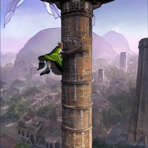 Image similar to A boy thief falling off a tall tower in a metal city wishing he could fly, epic fantasy style