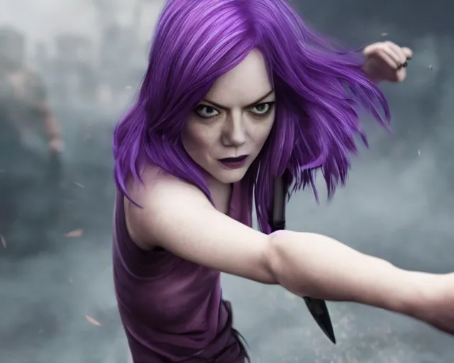 Prompt: purple-haired Emma Stone, epic knife battle pose, cinematic, 4k, hyper realistic, super detailed