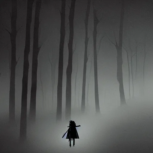 Image similar to samurai jack walks alone through the woods at night, gloomy, dark, foggy, night, ominous, dark color, atmospheric, cinematic lighting, intricate detail?