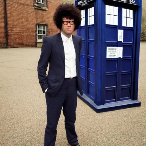 Prompt: Richard Ayoade dressed as Doctor Who, standing next to the TARDIS