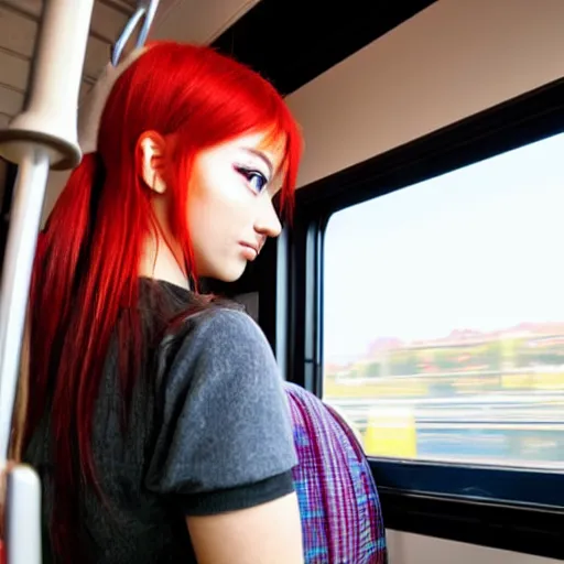 Prompt: A cute anime girl with red hair in a pony tail, she is riding the train to work early in the morning.