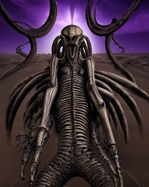 Prompt: dust goliath by h. r giger, beautiful alien desert, violet storm, unusual, cinematic, perfect, highly detailed, masterpiece, award winning