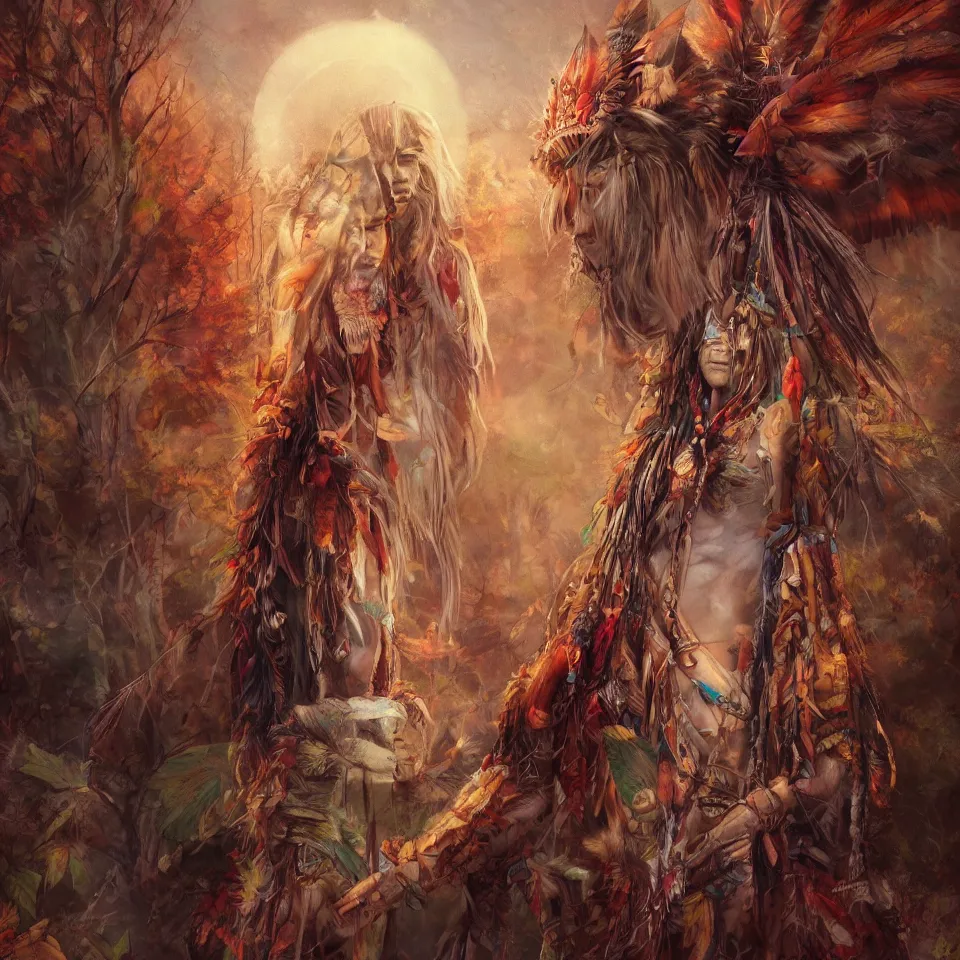 Image similar to native American shamans , beautiful autumn spirit, digital art, concept art, fantasy art, highly detailed, HD wallpaper, artstation, Deviantart, abeyance