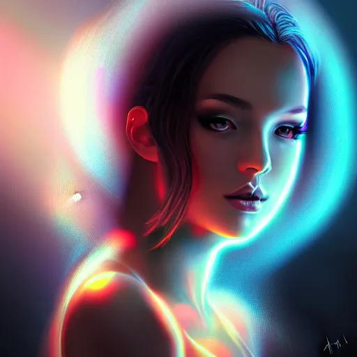 Prompt: mystical female creature with glowing energies and particals, surrounded by spirits, gloomy cinematic lighting, highly detailed, illustrated novel, by artgerm