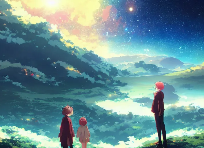 Image similar to watching the stars at night, on a mountain, by wlop, anime key visual, poster