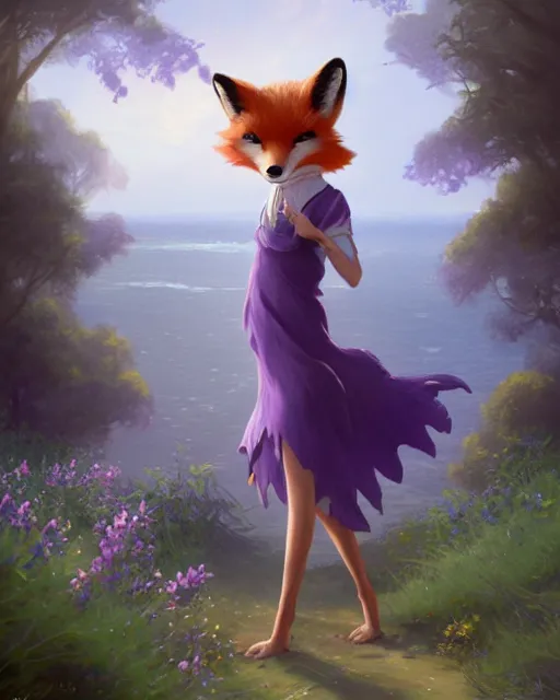 Image similar to an anthropomorphic fox girl with purple hair wearing a simple sundress, this fox has a pronounced snout and two pointed black ears, beautiful lake background, illustration by greg rutkowski, thomas kindkade, loish, artstation, furaffinity, deviantart