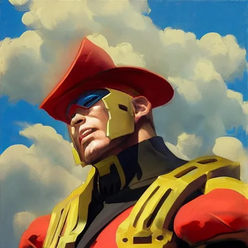 Image similar to greg manchess portrait painting of partially armored m bison from street fighter spitting fire as overwatch character, medium shot, asymmetrical, profile picture, organic painting, sunny day, matte painting, bold shapes, hard edges, street art, trending on artstation, by huang guangjian and gil elvgren and gerald brom