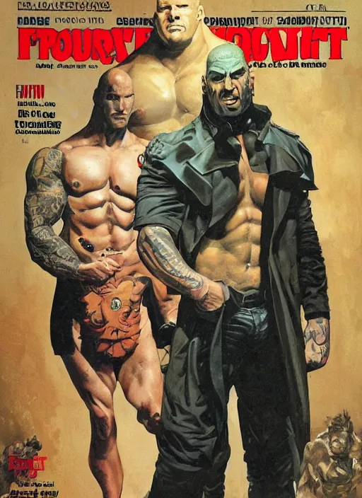 Image similar to full body and head portrait of martyn ford wearing a trench coat vs dave bautista as juggernaut, painted by norman rockwell and phil hale and greg staples and tom lovell and frank schoonover and jack kirby