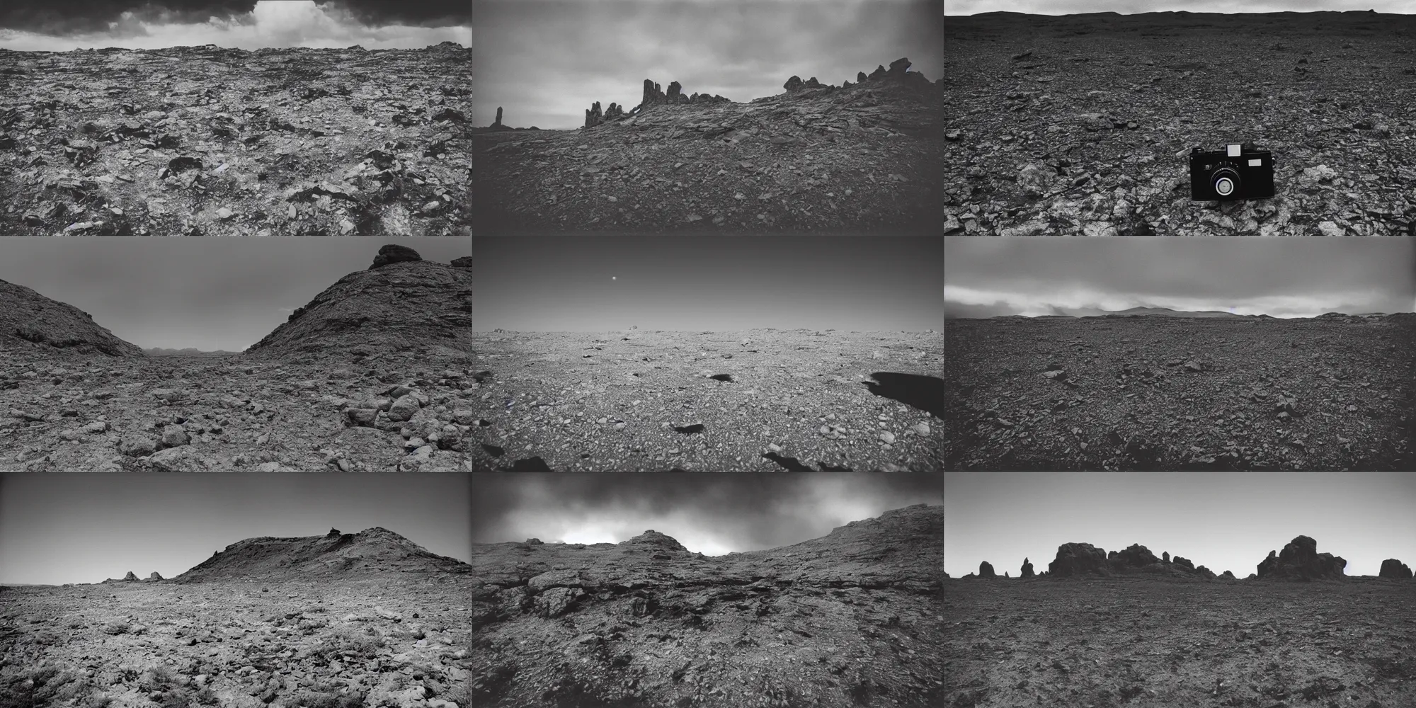 Prompt: Photograph of an eerie alien landscape shot on a middleformat camera, wideangle, 35 mm