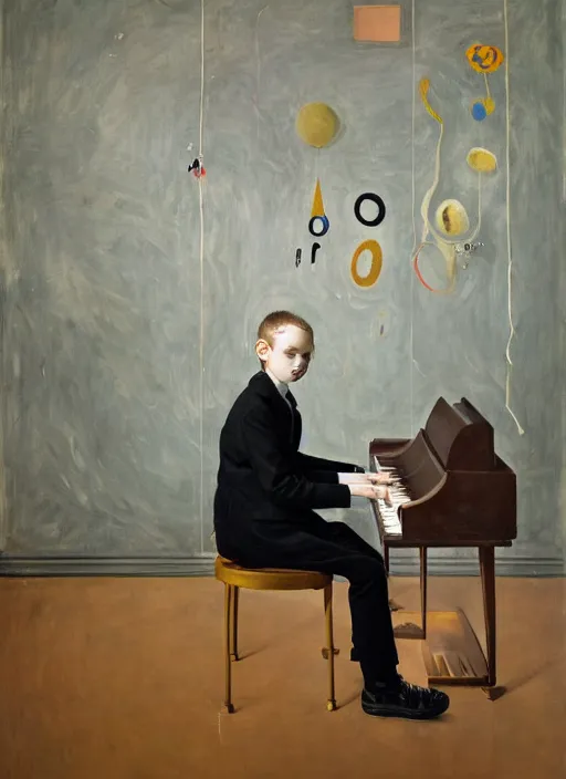 Image similar to portrait of a child piano player in suit waiting, vincent lefevre and beeple and hernan bas and pat steir and hilma af klint, psychological, photorealistic, background with strange perspective, symmetrical face, dripping paint, washy brush, rendered in octane, altermodern, grain, masterpiece