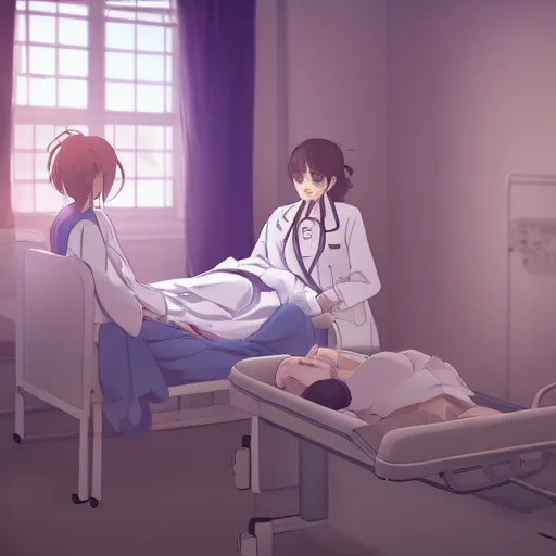 Image similar to a cute and beautiful young female doctor wearing white coat are taking care of an old patient on a bed in a hospital ward, slice of life anime, lighting, anime scenery by Makoto shinkai