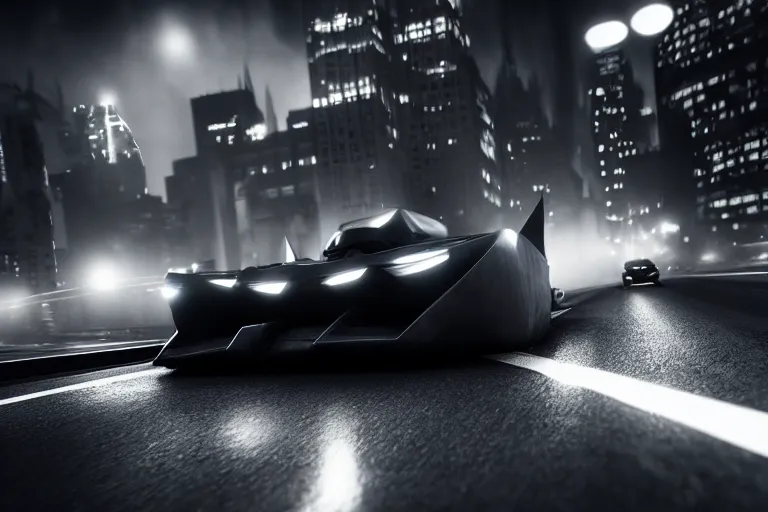 Image similar to the batmobile driving through gotham city at night. fluorescent light. pov from behind the wheel. octane render. 8 k. monochrome. black and white. mist. atmospheric. cinematic. hdr, raytracing, global illumination. a matte painting by ash thorp.
