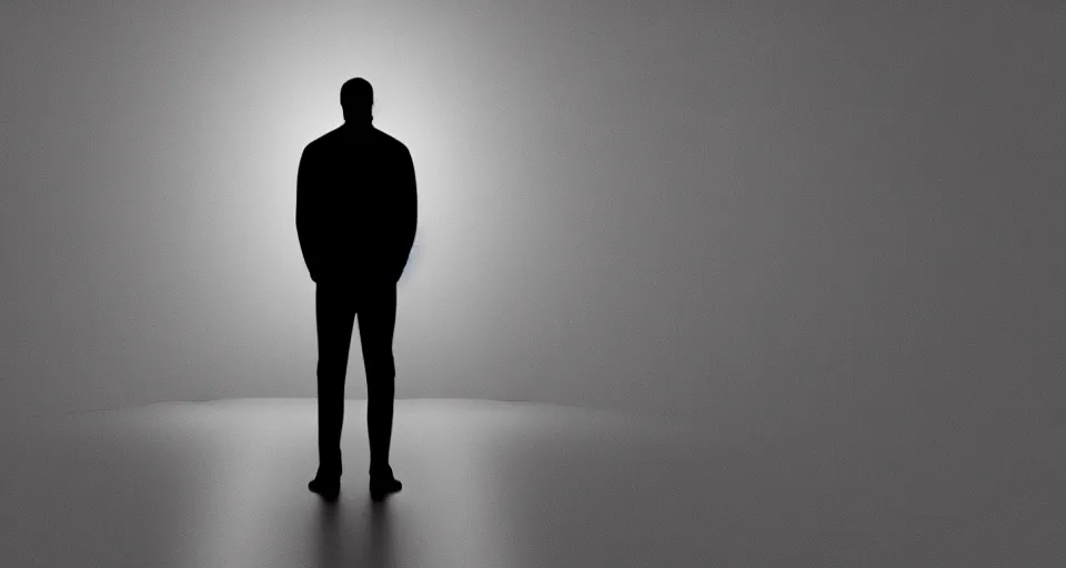 Image similar to silhouette of a man standing in the center of an infinitely long dark narrow hallway, digital art trending on artstation, minimalist, dark blue color palette