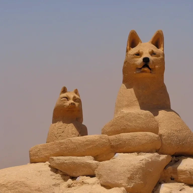 Prompt: a shiba-inu stone sphinx in the egyptian desert