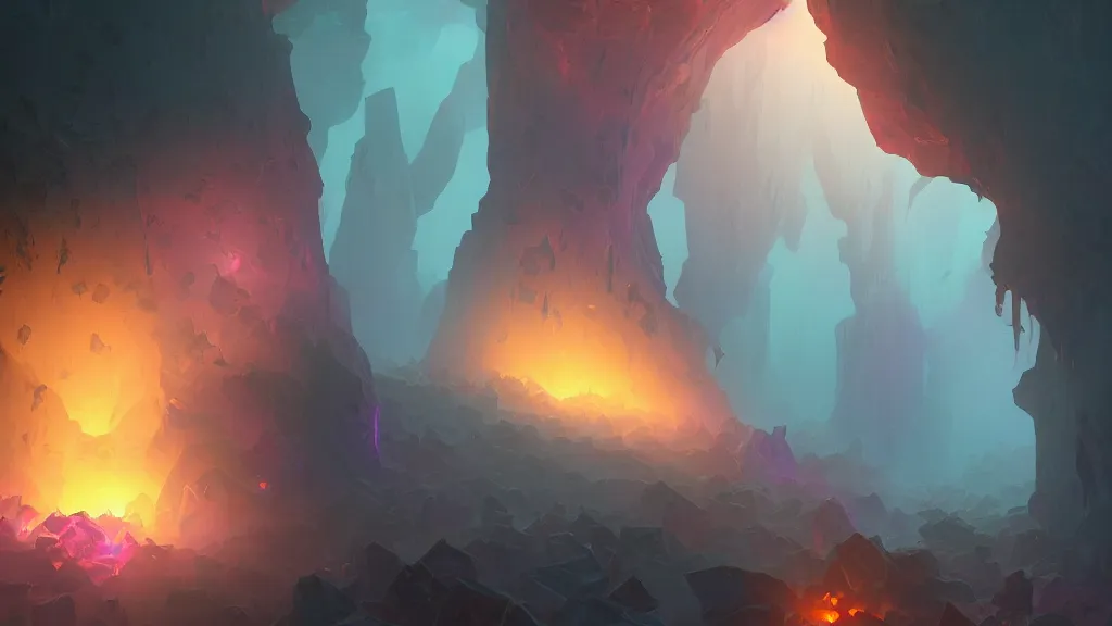 Prompt: a dark cave illuminated by large glowing violet crystal shards and veins, glowing!, foggy, by sylvain sarrailh, rossdraws, ambient light, ultra detailed, fantasy artwork, 8 k, volumetric lighting, trending on artstation, award winning, beautiful scenery, very very very very very very very beautiful.
