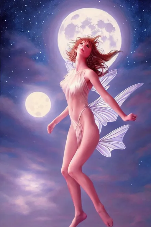 Image similar to attractive fairy magically floating high in the night, fantasy, full moon in background. highly detailed painting by artgerm, mid shot, 8 k