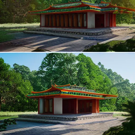Image similar to modernist house inspired by tibetan palace, built with atrium in the middle, on a hill surrounded by big trees, dramatic lighting, artstation, realistic rendering, unreal engine, octane render, raphael lacoste, simon stalenhag, frank lloyd wright, helicopter view