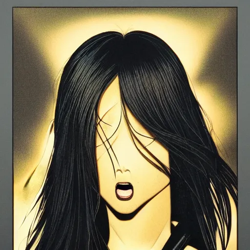 Image similar to portrait closeup of screaming black glossy dark carbon woman, sensual pose, symmetrical, by yoichi hatakenaka, masamune shirow, josan gonzales and dan mumford, ayami kojima, takato yamamoto, barclay shaw, karol bak, yukito kishiro, moebius