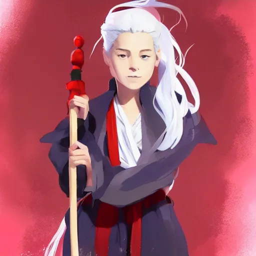 Prompt: full body portrait of a girl sorcerer with white hair in a hairbun, she is wearing a thin subtle red scarf around her neck, she is holding a large wand. cgsociety masterpiece, artstation trending, by rossdraws, ghibli, kimi no na wa, greg rutkowski, simon stalberg, greg manchess