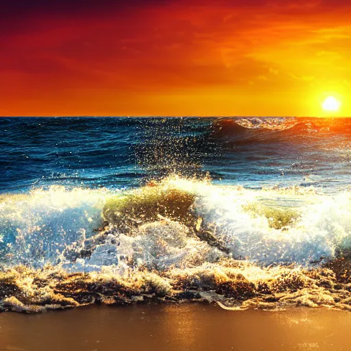 Image similar to sea sunset with waves, aesthetic, realistic, sunset, 8 k, sharp, colorful