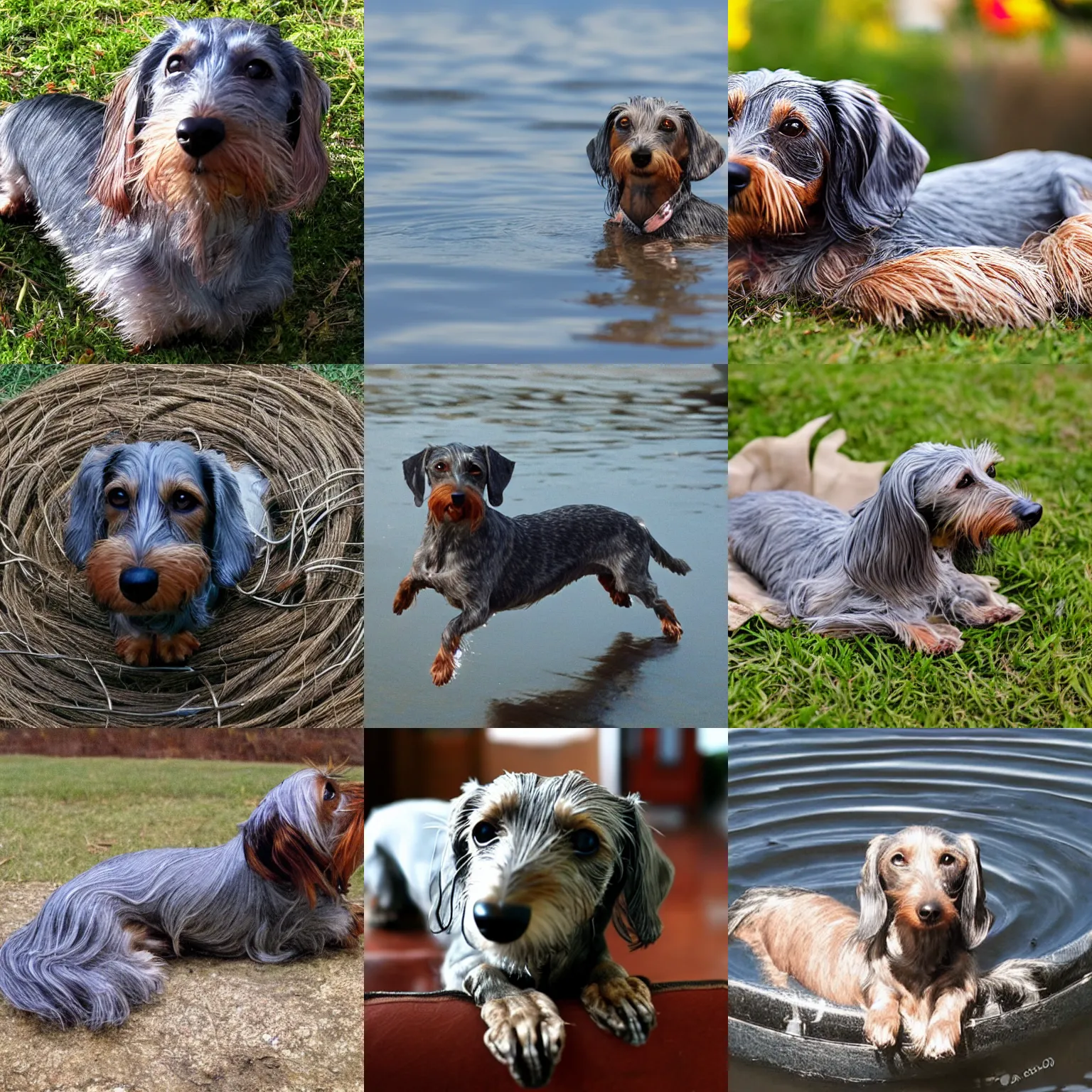 Prompt: old, grey wire-haired dachshund floating in heaven