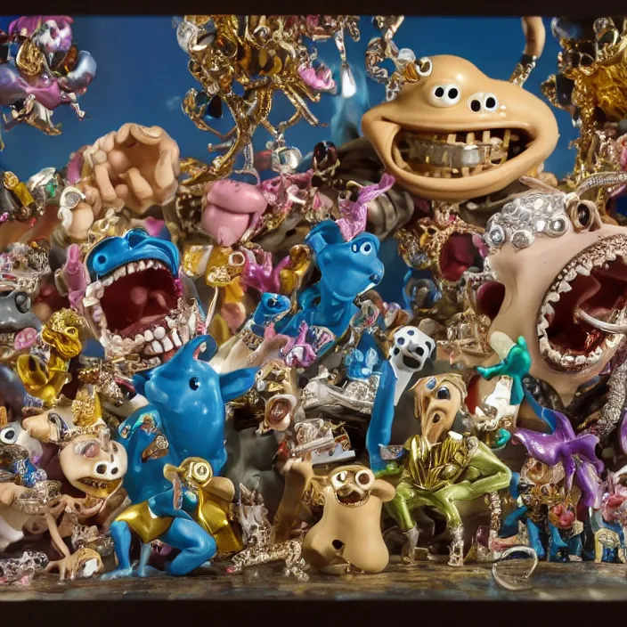 Image similar to jeff koons hip hop style street sharks wearing diamond grillz and a ton of bussdown iced gold bling in wallace & gromit claymation, ultra realistic, concept art, intricate details, serious, highly detailed, photorealistic, octane render, 8 k, unreal engine, art by todd mcfarlane and artgerm and greg rutkowski and alphonse mucha