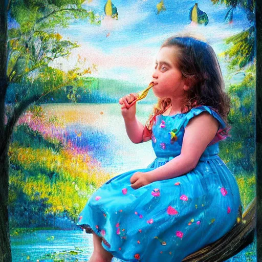 Image similar to spectacular scene of a little fat sweet girl with flowery dress, sitting on a swing and hugging a colorful fish, by the stormy lake. clear beautiful fat face. morning time. an amazingly beautiful scene. beautiful lighting, 4 k post - processing, trending in art station, cg society, highly detailed, 5 k extremely detailed, 3 d. stylize scene.