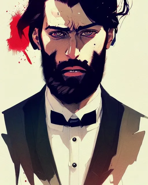 Image similar to a ultradetailed portrait painting of a stylish bearded man wearing suit outfit, by conrad roset, greg rutkowski and makoto shinkai trending on artstation