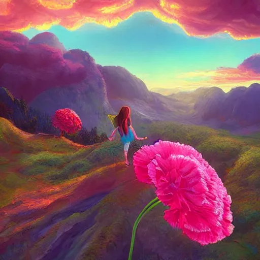 Image similar to giant carnation flower as a head, girl hiking in a canyon, surreal photography, sunrise, dramatic light, impressionist painting, colorful clouds, digital painting, artstation, simon stalenhag