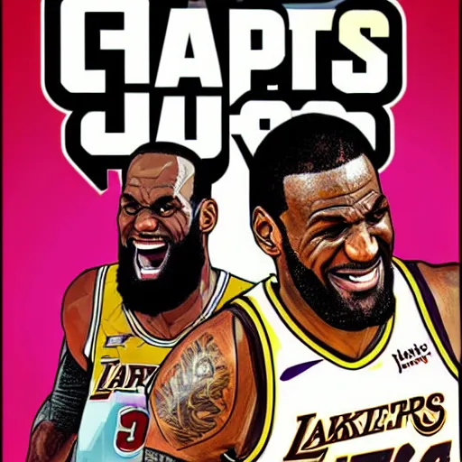 Image similar to happy lebron james, gta v cover art, art by stephen bliss