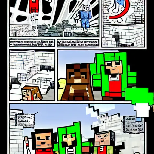 Prompt: Minecraft comic page, inked, superhero comic