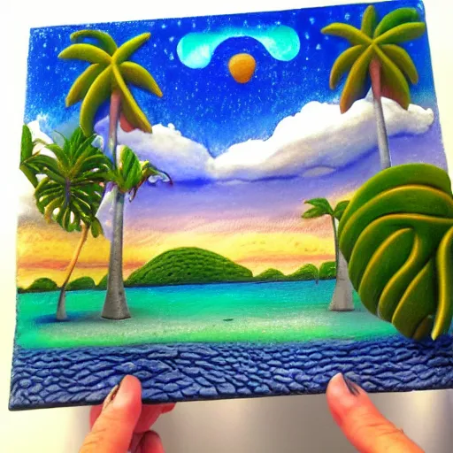 Prompt: a ultradetailed beautiful clay art of amazonas beach by tarsila do amaral, major arcana mason sparkles sky, dougherty patrick, trending on artstation, mediterranean, palm trees, light sparkles, major arcana sky, sharp focus, soft light